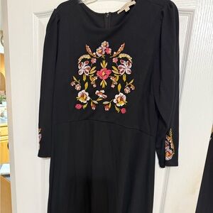 LOFT Black Dress with Floral Embroidery